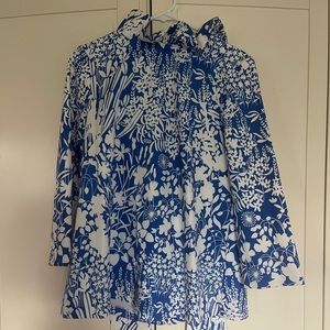 TUCKERNUCK Faye Tie-Back Blouse Blue & White EUC Size Medium